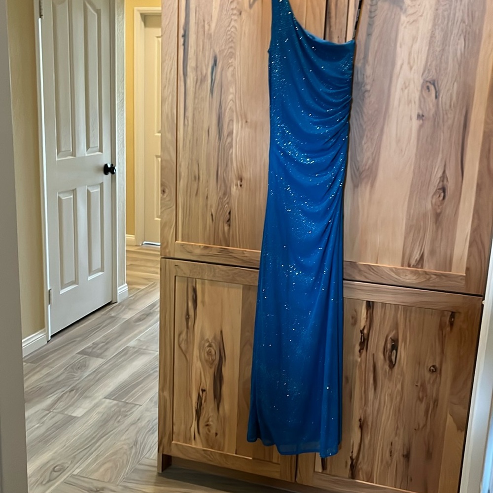 Metallic one shoulder slinky side rushing, long formal dress, teal or turquoise